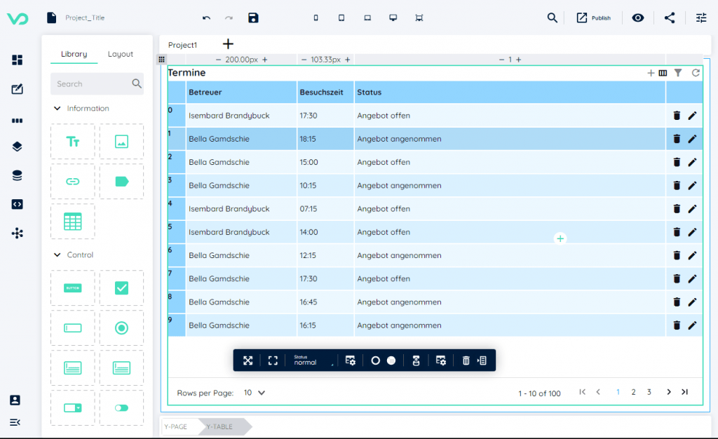 Das digitale Interface des yeet Designer zeigt eine Projektübersicht mit einer Tabelle mit dem Titel „Termine“. Die Tabelle enthält Spalten für „Betreuer“, „Besuchszeit“ und „Status“. Einträge wie „Isembard Brandybuck“ und „Bella Gamschie“ zeigen verschiedene Besuchszeiten und den Status „Angebot offen“ bzw. „Angebot angenommen“. Navigationswerkzeuge sowie Optionen zum Bearbeiten oder Löschen von Einträgen sind am unteren Rand der Tabelle sichtbar. Die benutzerfreundliche yeet-Oberfläche bietet dabei individuelles Branding durch die Einbindung der eigenen Corporate Identity. yeet überzeugt durch eine intuitive Benutzererfahrung und die umfangreiche Forschung von UX-Methoden, die mit agilen Nutzer-Feedbacks validiert wurde.